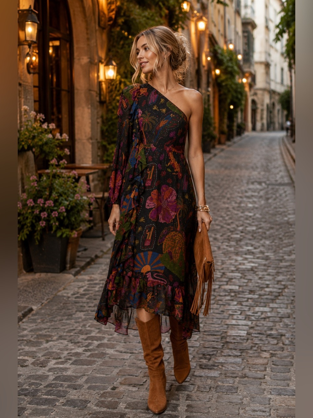 NWT Farm Crazy Mix Black one-Shoulder Tropical Print Midi Dress size sm